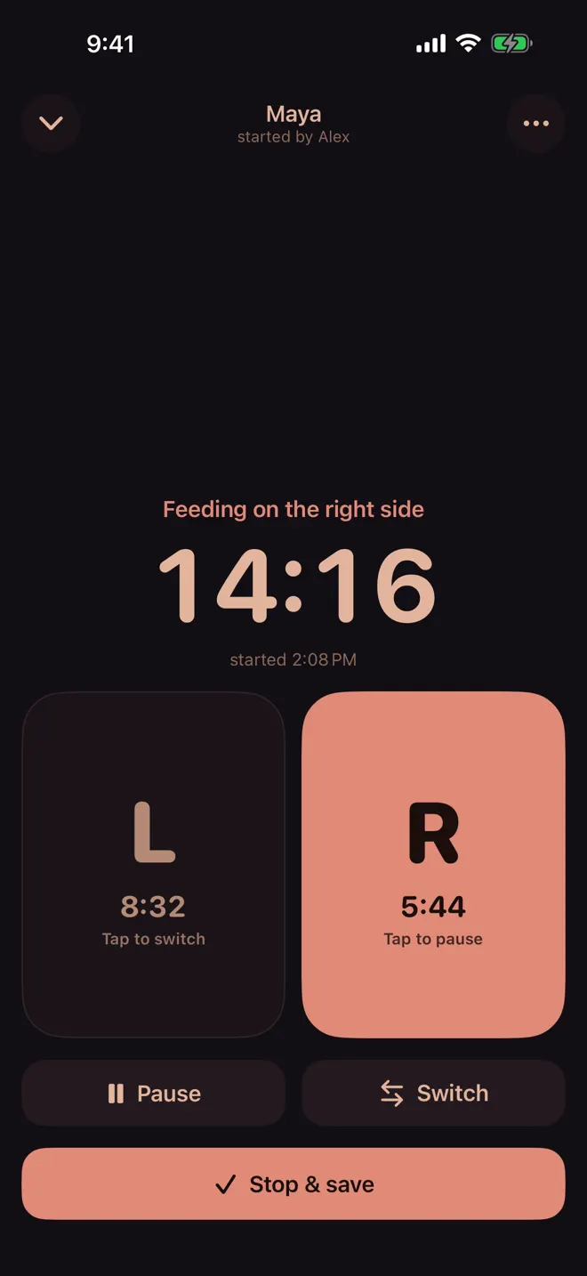 The night feed timer: dark, warm screen with 14:16 elapsed, large left and right halves, and Pause, Switch and Stop and save.