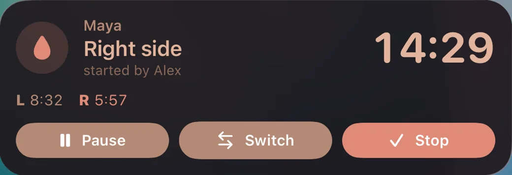 The running feed on the Lock Screen: right side, 14 minutes 29 seconds, started by Alex, with Pause, Switch and Stop buttons.